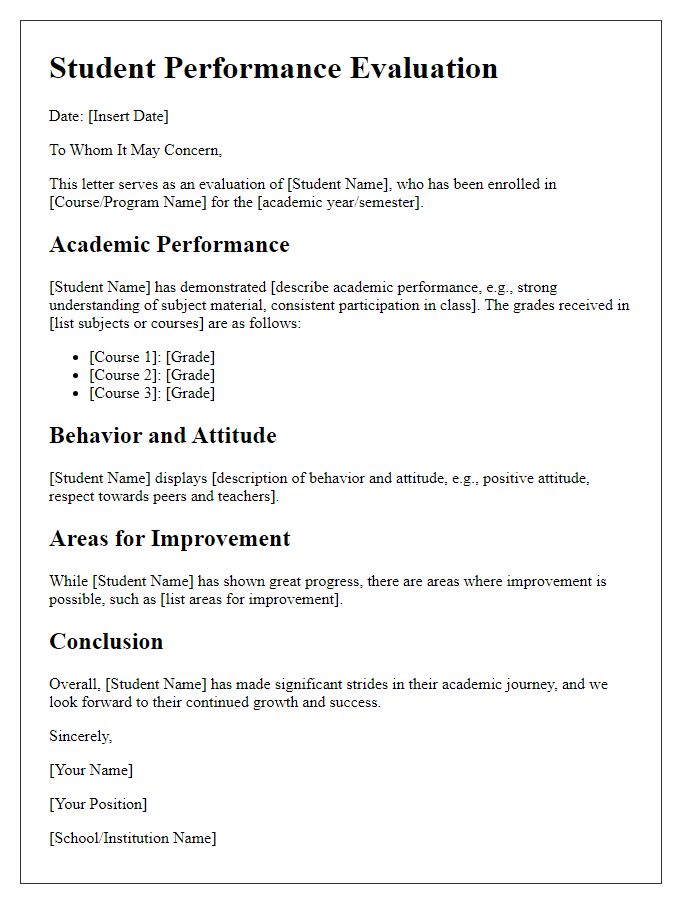 Letter template of individual student performance evaluation