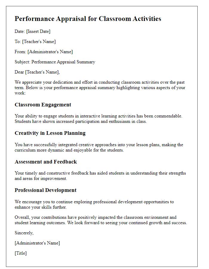 Letter template of performance appraisal for classroom activities