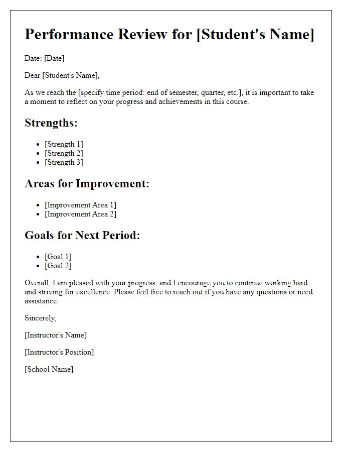 Letter template of performance review for student progress