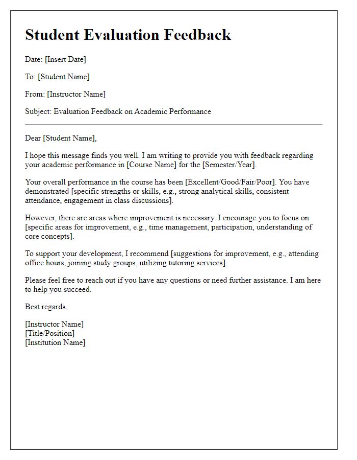 Letter template of student evaluation feedback for academic performance