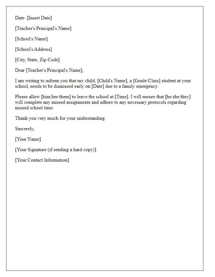 Letter template of early dismissal for family emergency.