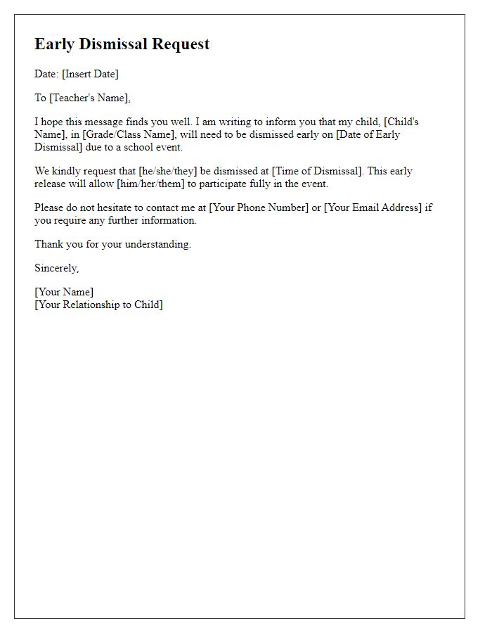 Letter template of early dismissal for school event.