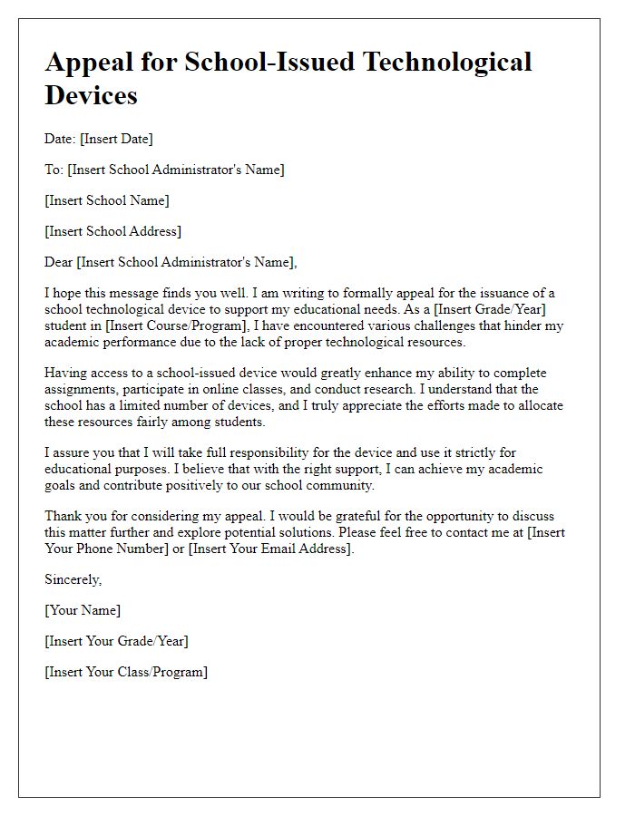 Letter template of appeal for school-issued technological devices