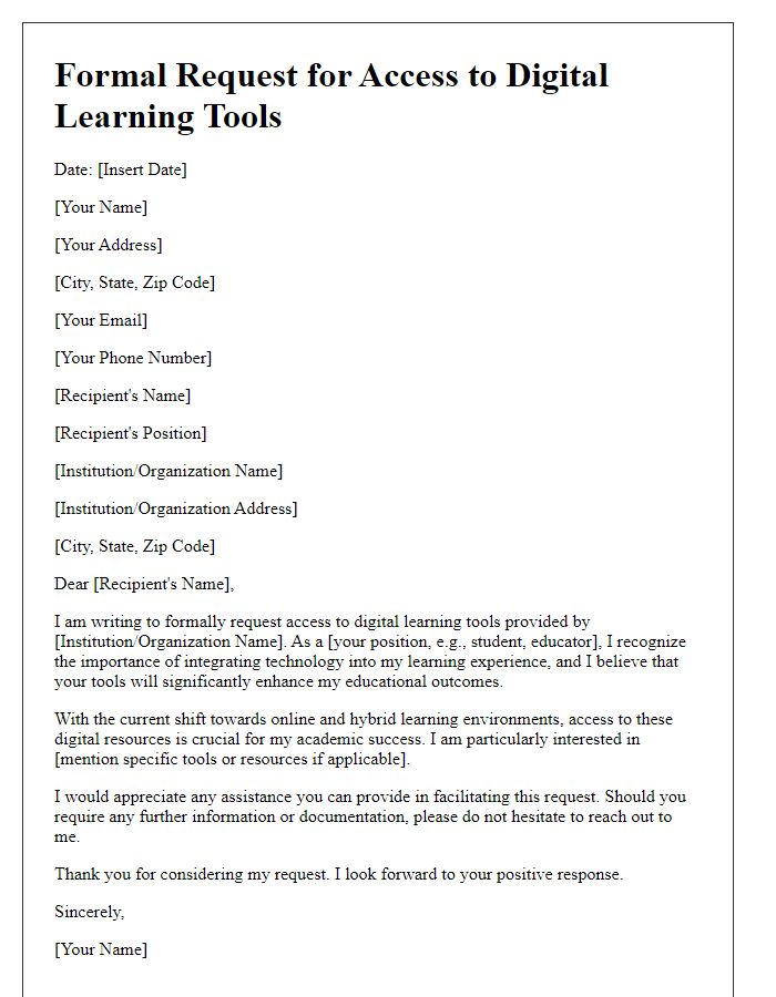 Letter template of formal request for access to digital learning tools