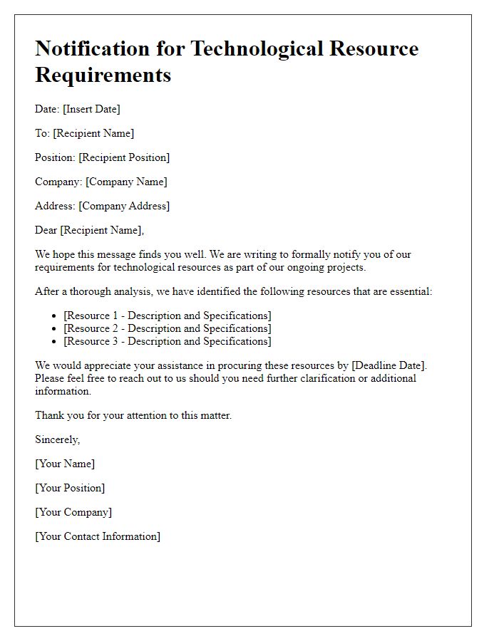 Letter template of notification for technological resource requirements