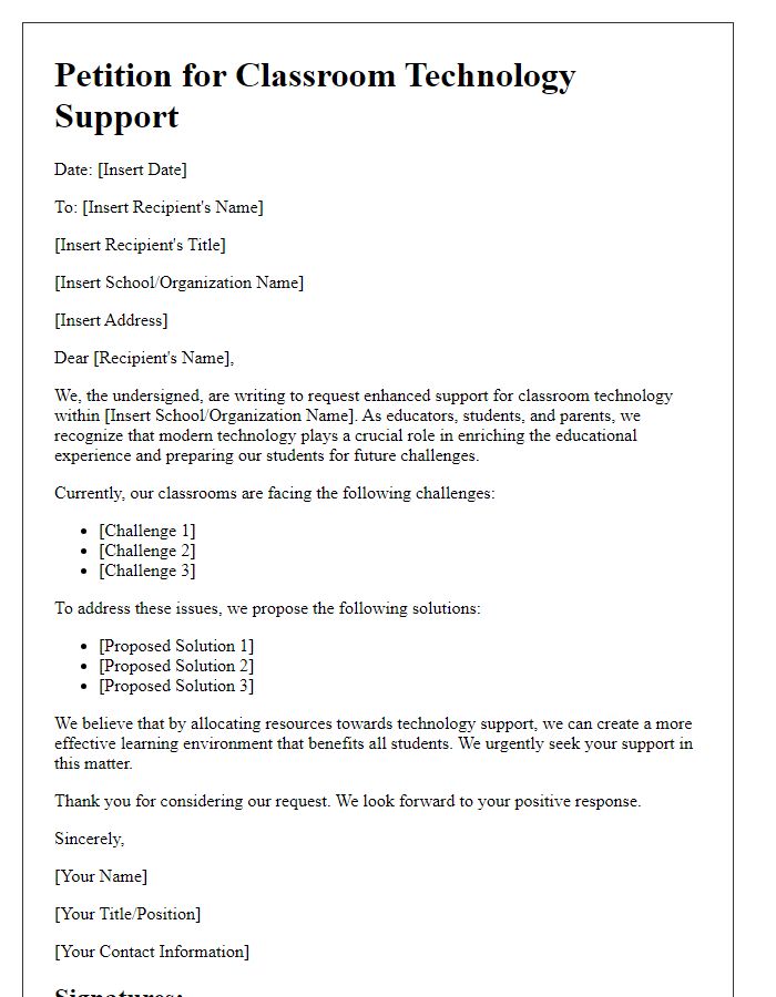 Letter template of petition for classroom technology support