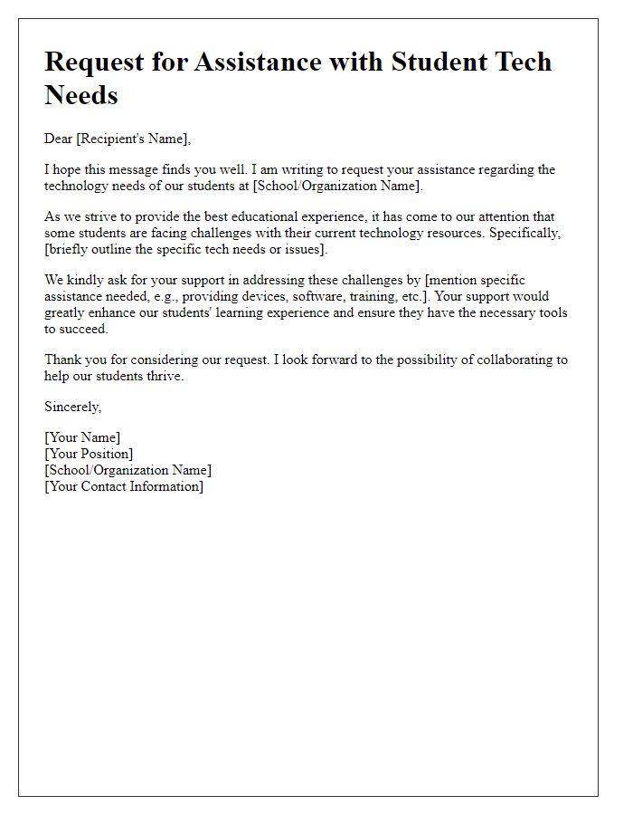 Letter template of request for assistance with student tech needs