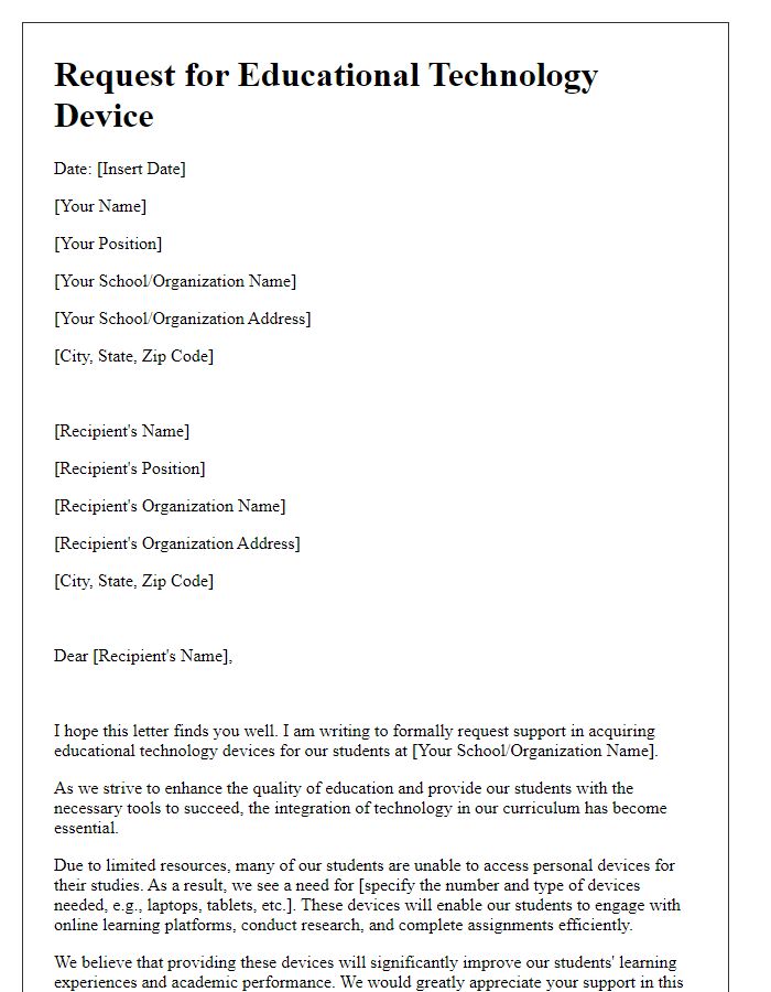 Letter template of request for educational technology device for students