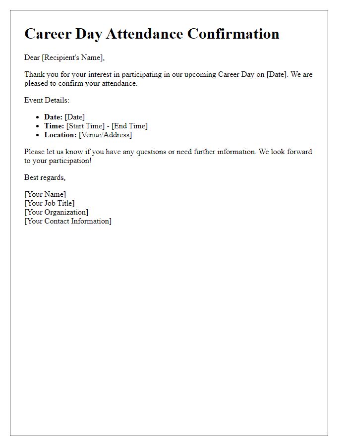 Letter template of Career Day Attendance Confirmation