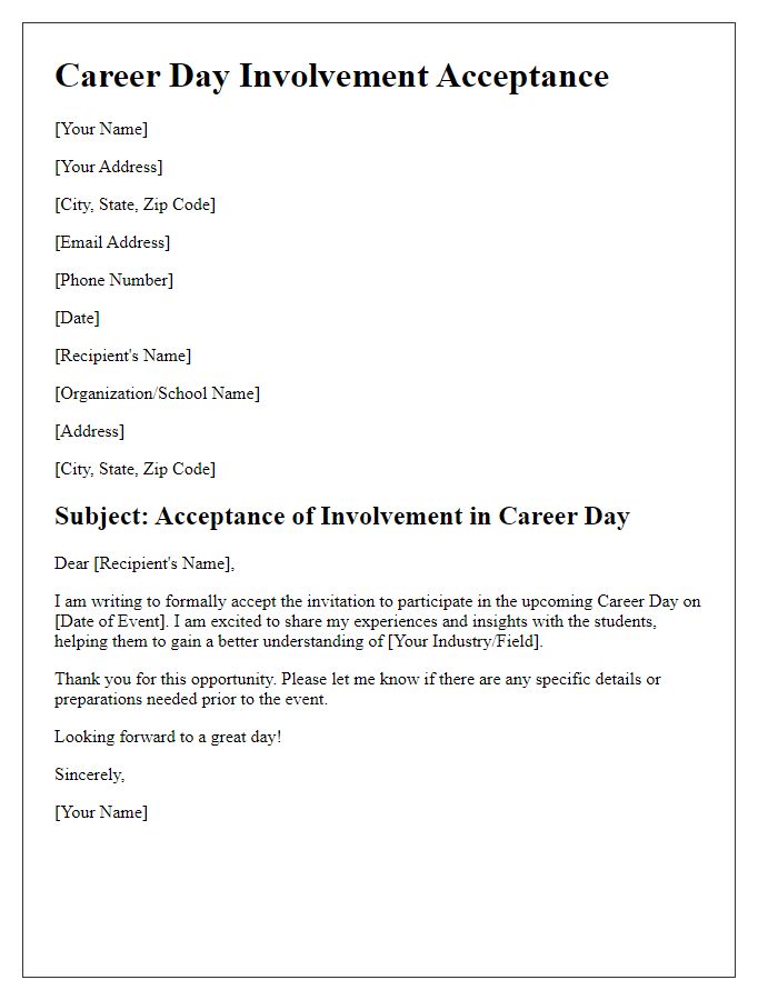 Letter template of Career Day Involvement Acceptance