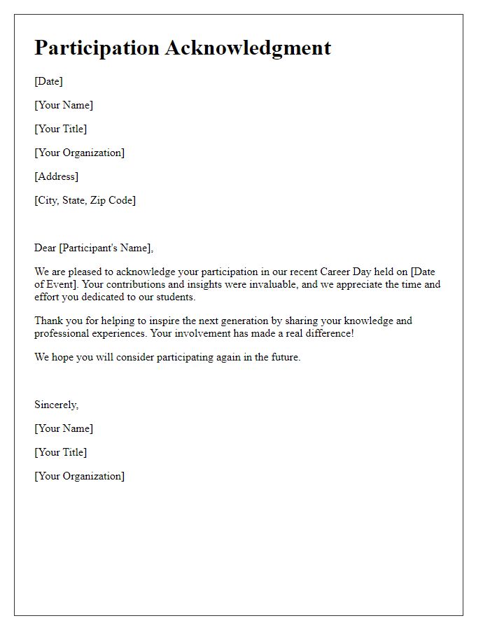 Letter template of Participation Acknowledgment for Career Day