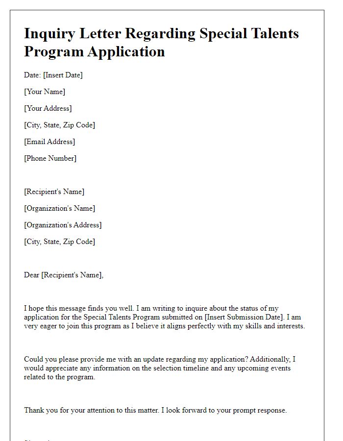 Letter template of inquiry regarding special talents program application