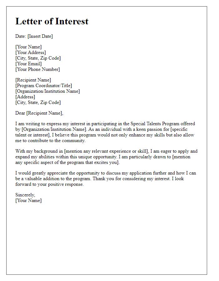 Letter template of interest in special talents program opportunity