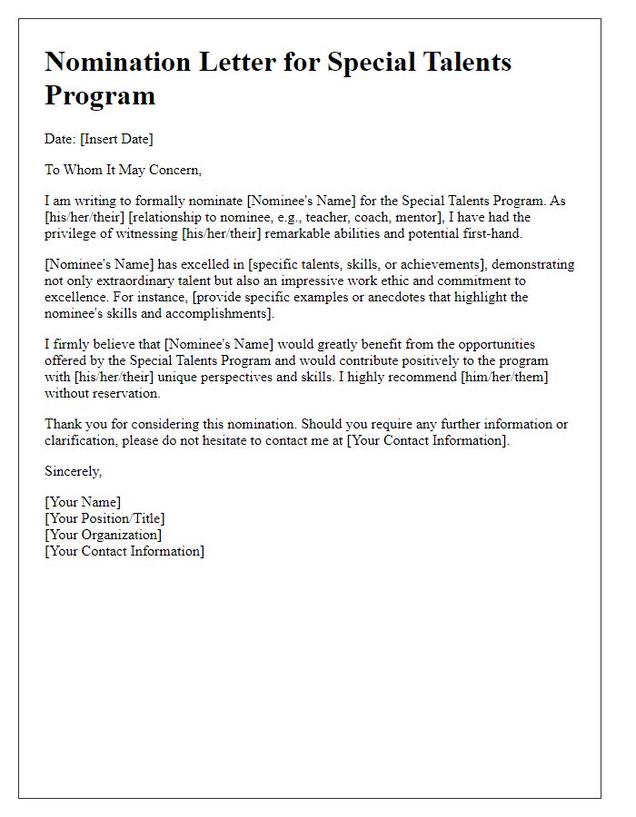 Letter template of nomination for special talents program selection