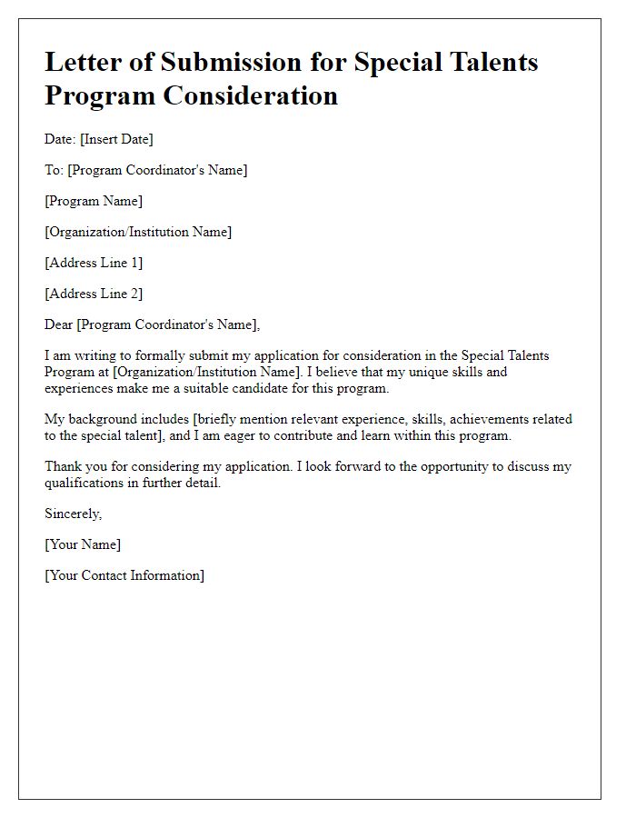 Letter template of submission for special talents program consideration