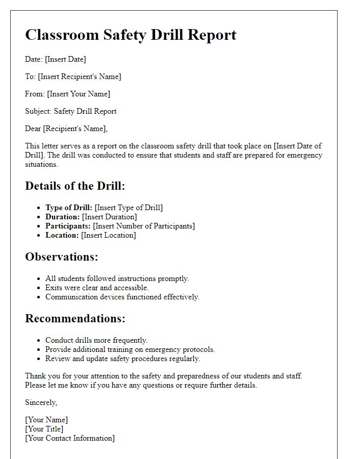 Letter template of classroom safety drill report