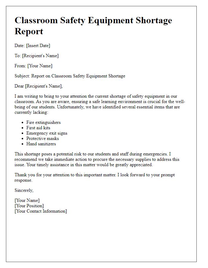 Letter template of classroom safety equipment shortage report