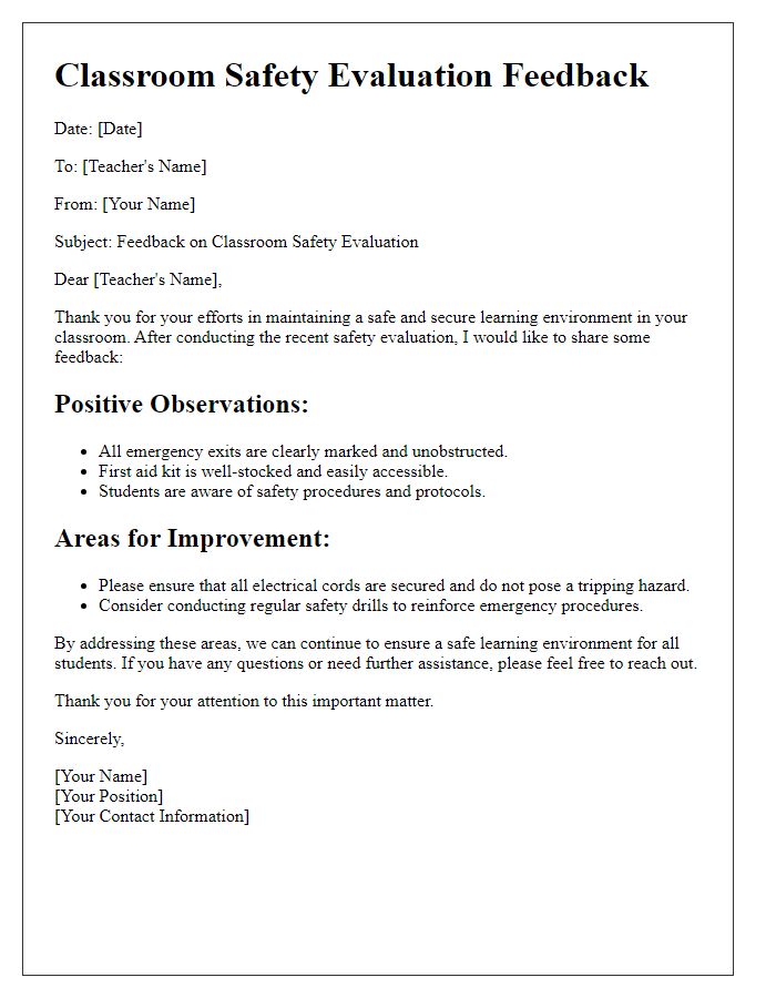 Letter template of classroom safety evaluation feedback