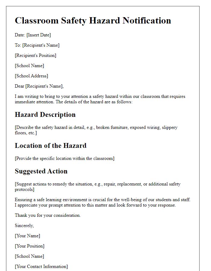 Letter template of classroom safety hazard notification