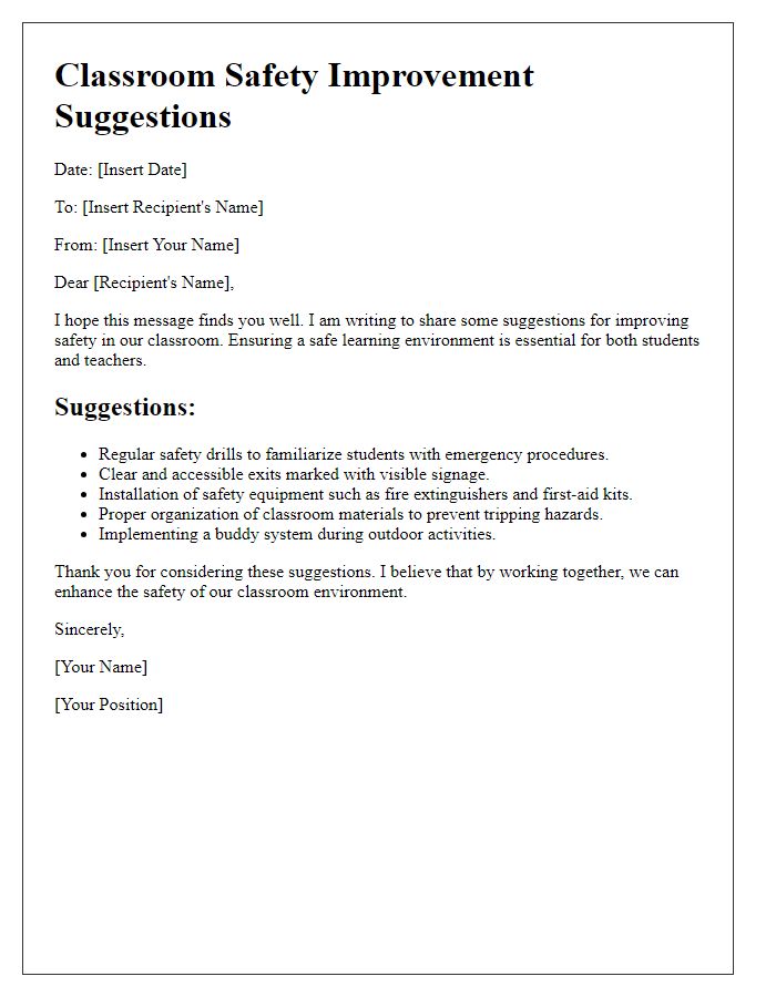 Letter template of classroom safety improvement suggestions