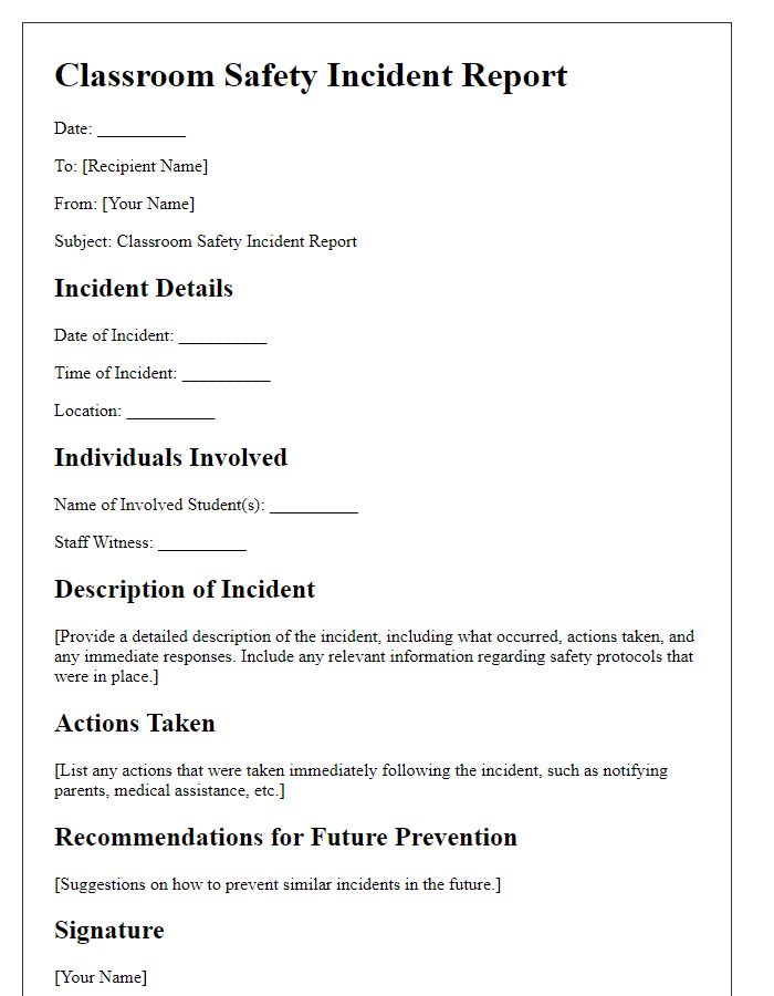 Letter template of classroom safety incident report