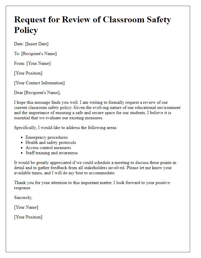 Letter template of classroom safety policy review request