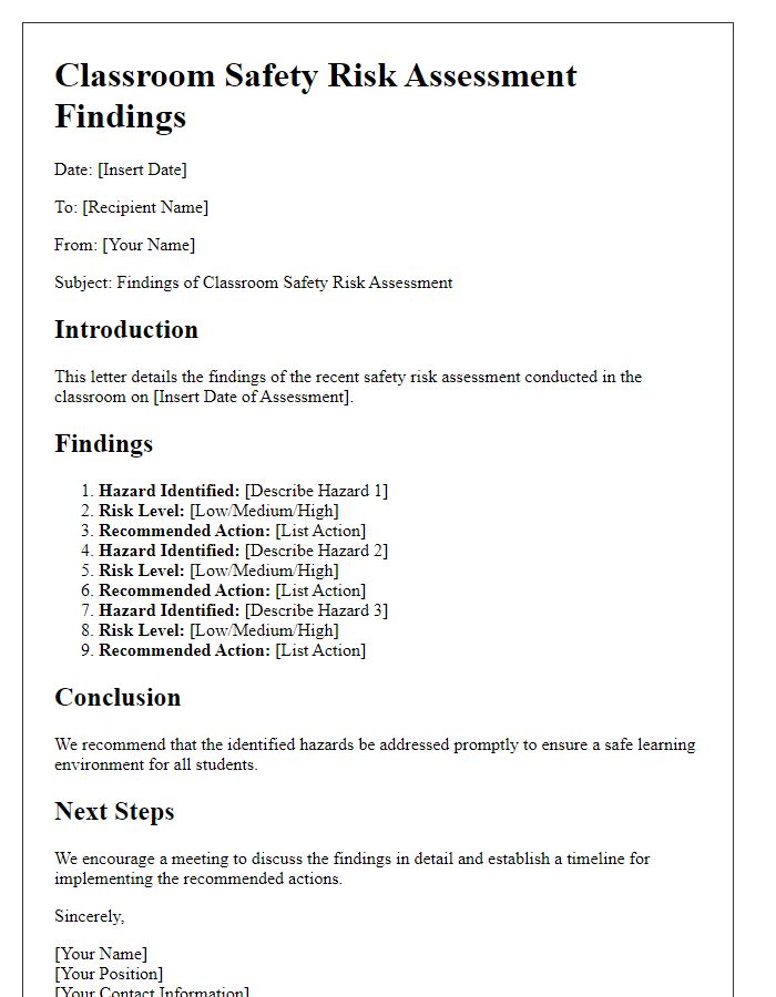 Letter template of classroom safety risk assessment findings