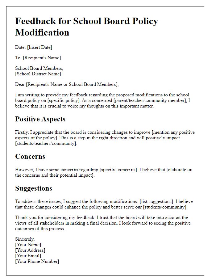 Letter template of feedback for school board policy modification