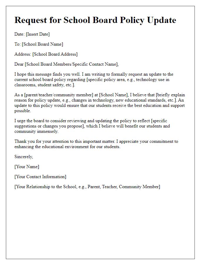 Letter template of request for school board policy update