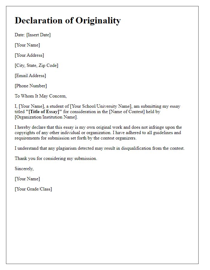 Letter template of declaration for student essay contest submission