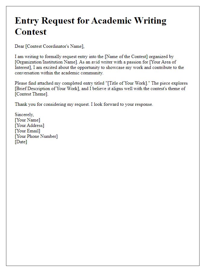 Letter template of entry request for an academic writing contest