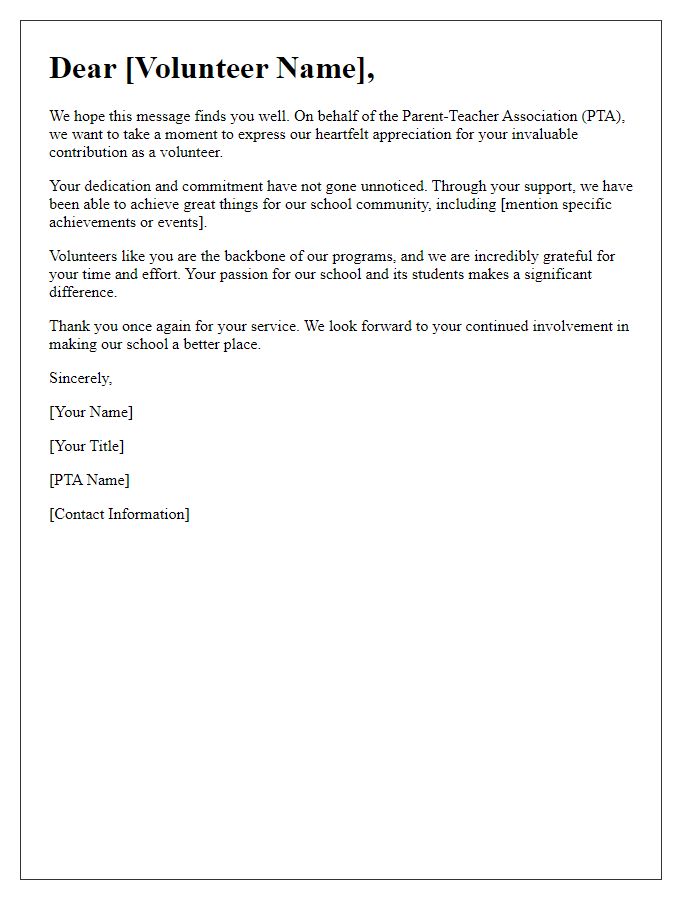 Letter template of PTA membership appreciation for volunteers