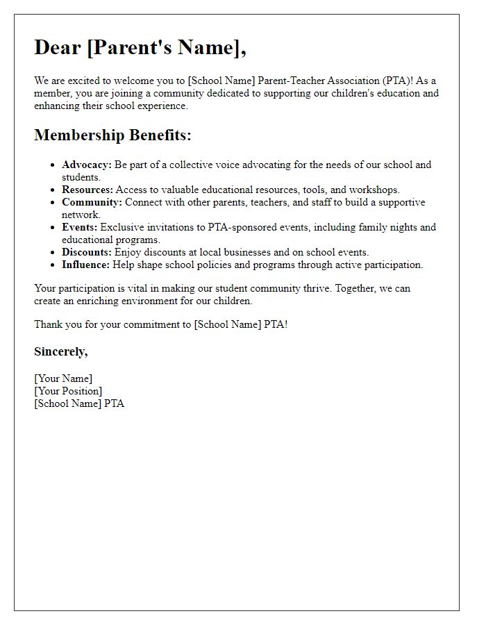 Letter template of PTA membership benefits explanation