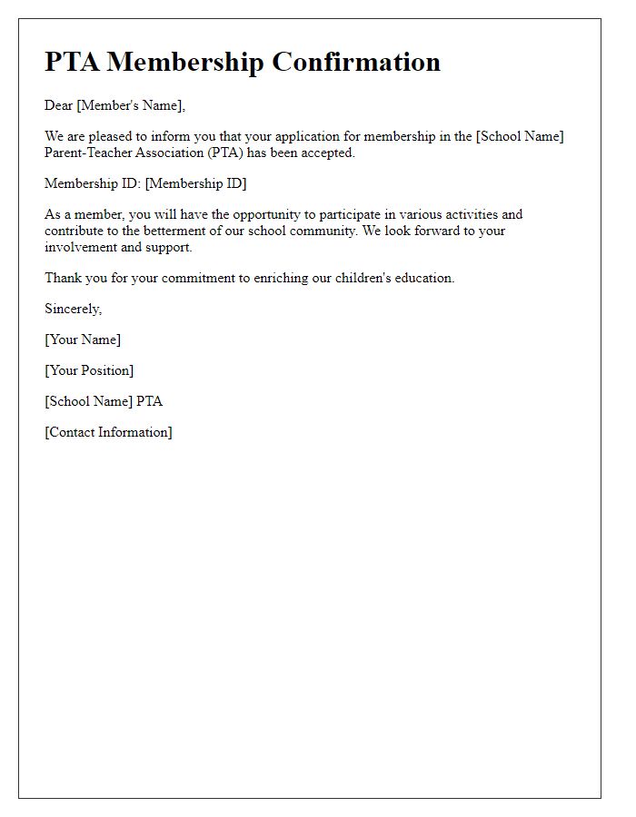 Letter template of PTA membership confirmation for accepted members