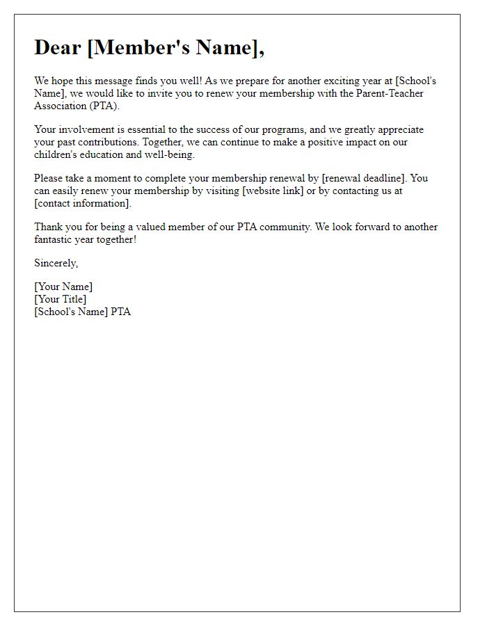 Letter template of PTA membership invitation for returning members