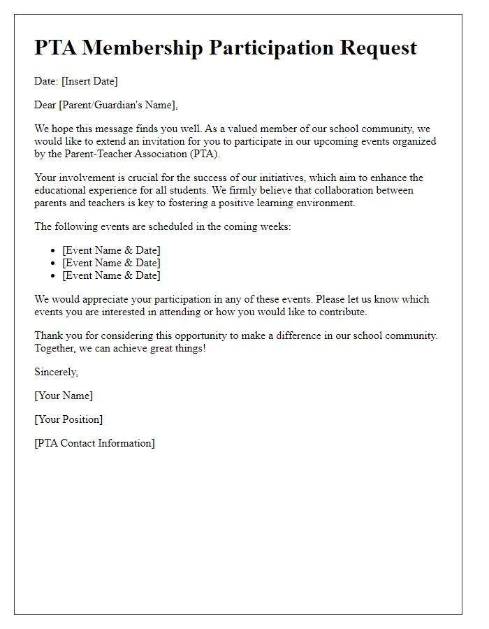 Letter template of PTA membership participation request for events