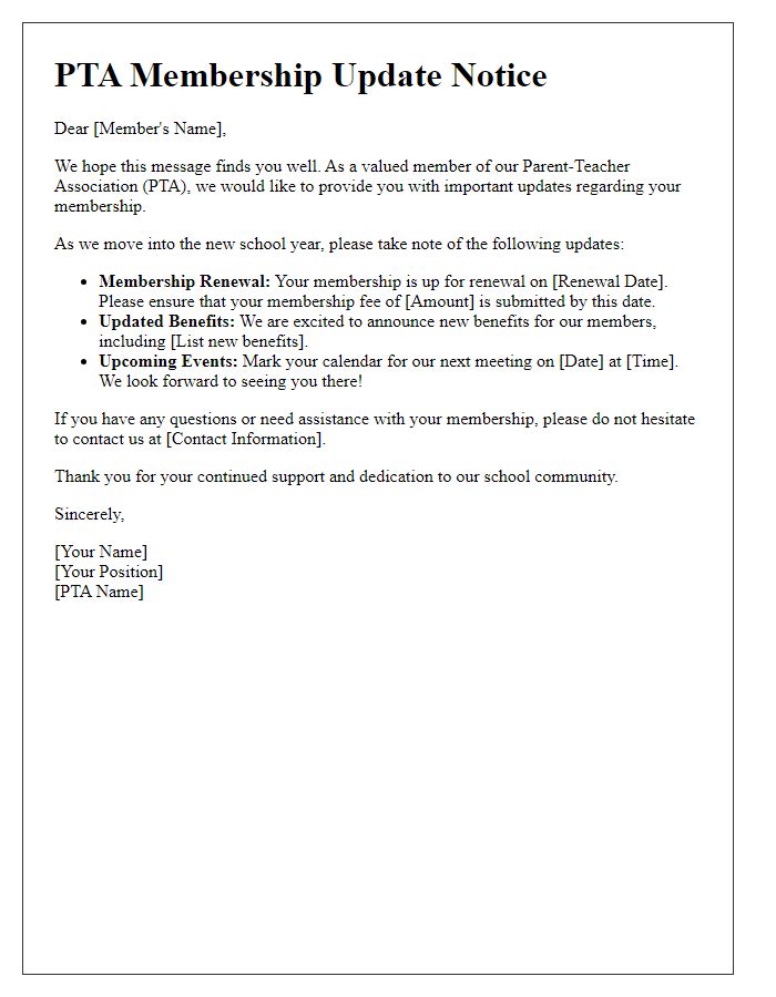 Letter template of PTA membership update notice for current members