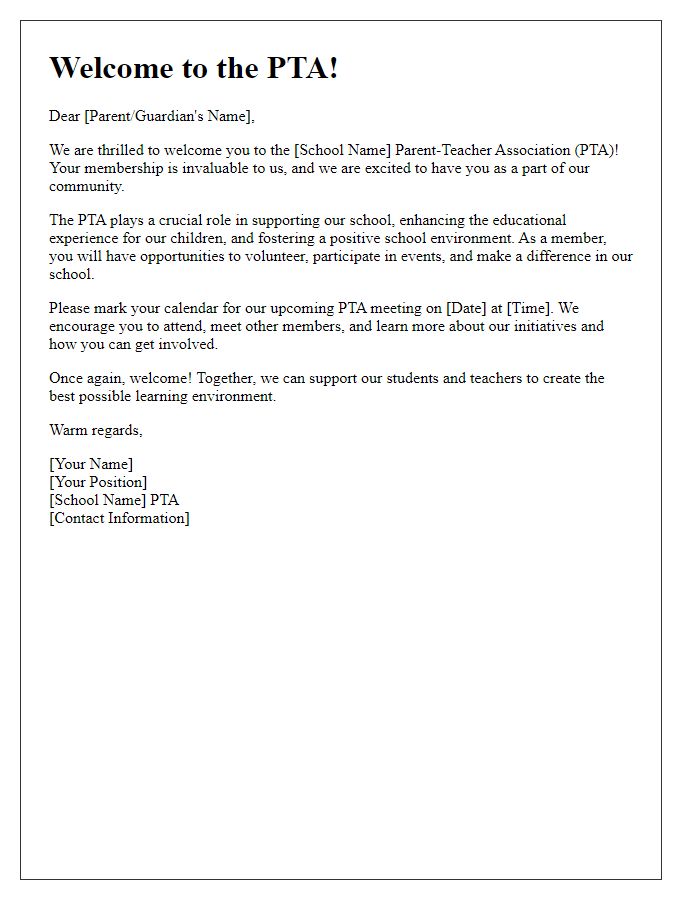 Letter template of PTA membership welcome letter for new joiners