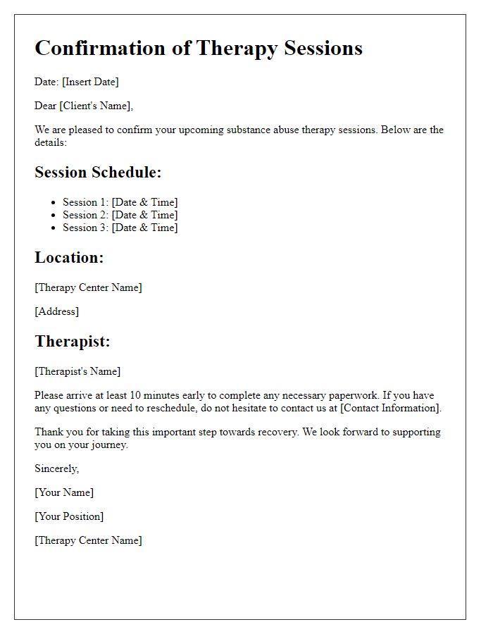 Letter template of confirmation for substance abuse therapy sessions.