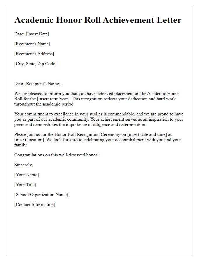 Letter template of Academic Honor Roll Achievement Letter