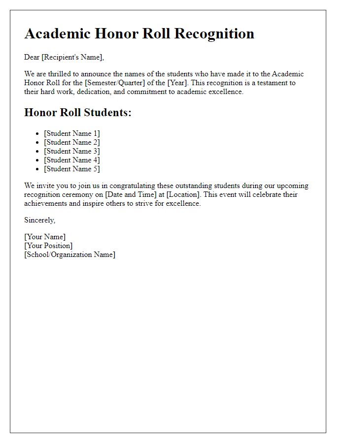 Letter template of Academic Honor Roll Recognition Announcement