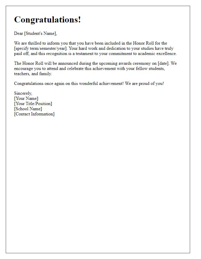 Letter template of Honor Roll Inclusion Notification