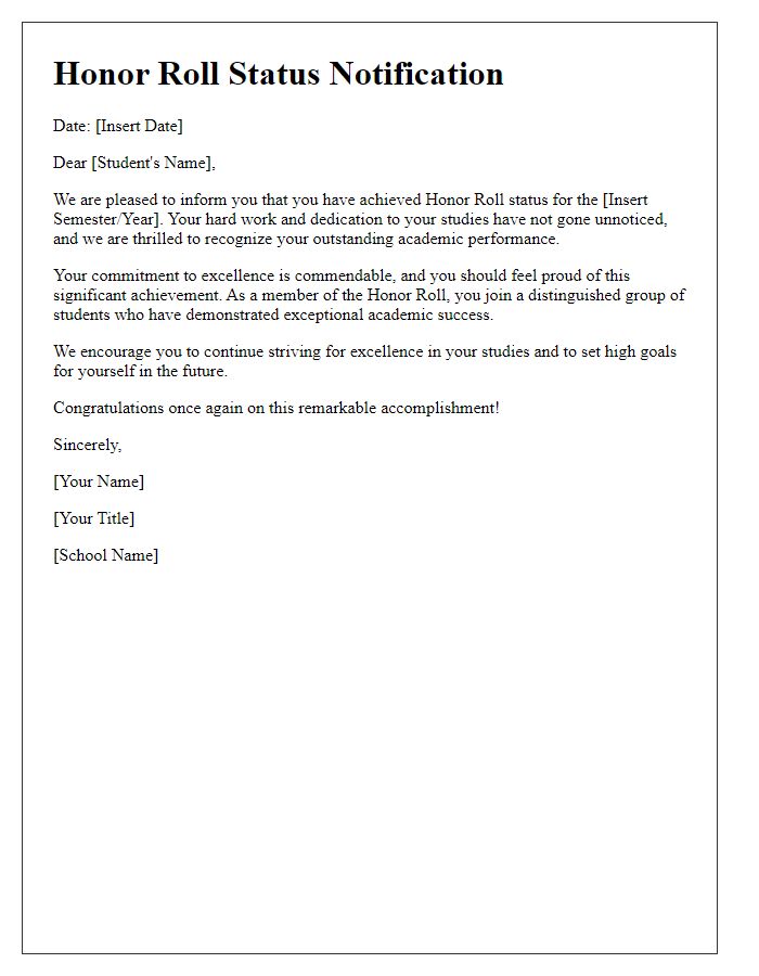 Letter template of Honor Roll Status Notification