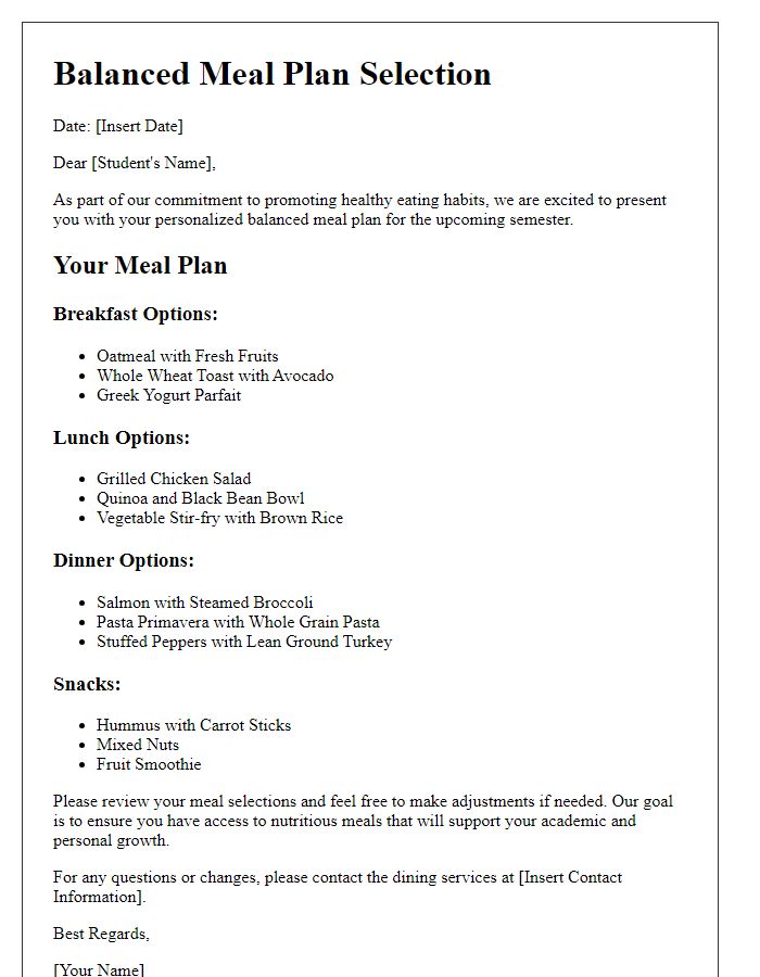 Letter template of balanced meal plan selection for students.