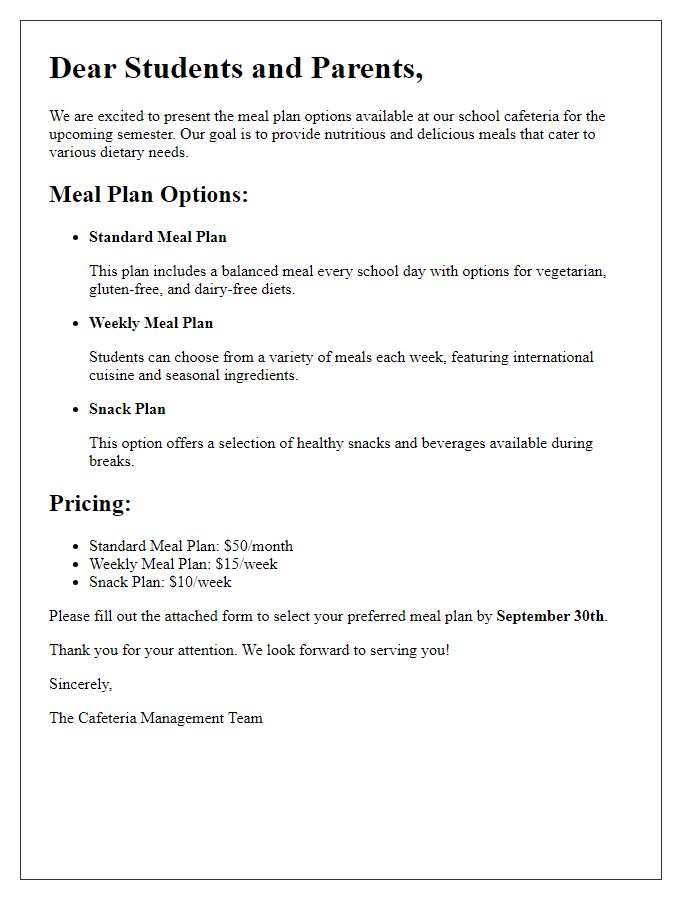 Letter template of cafeteria meal plan options for students.