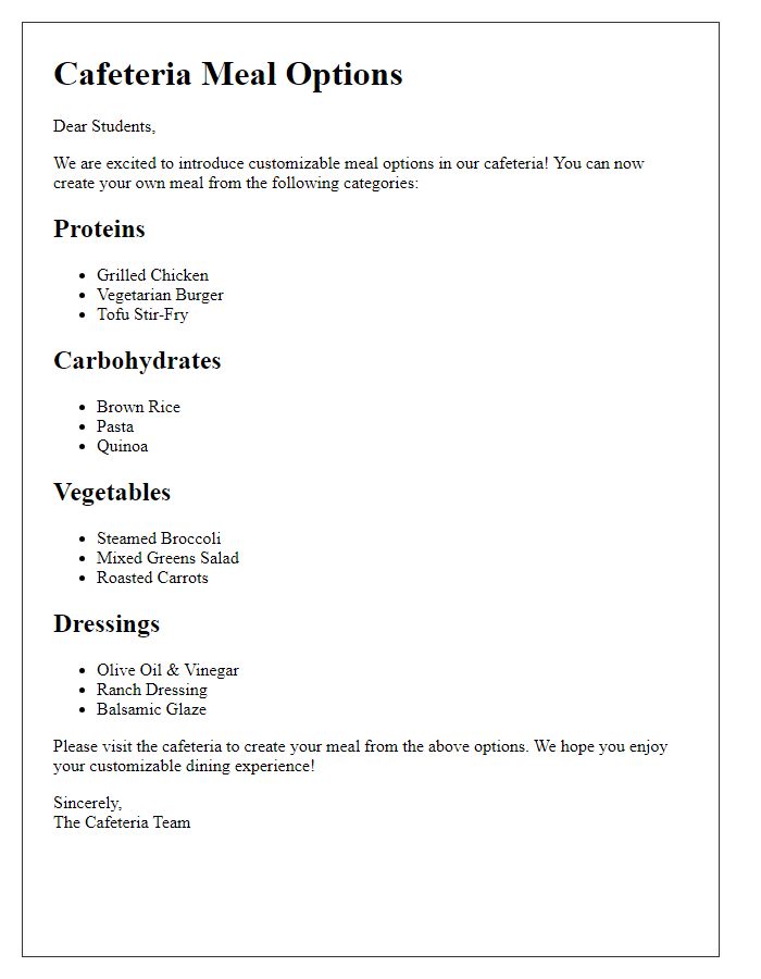 Letter template of customizable meal options in the cafeteria.