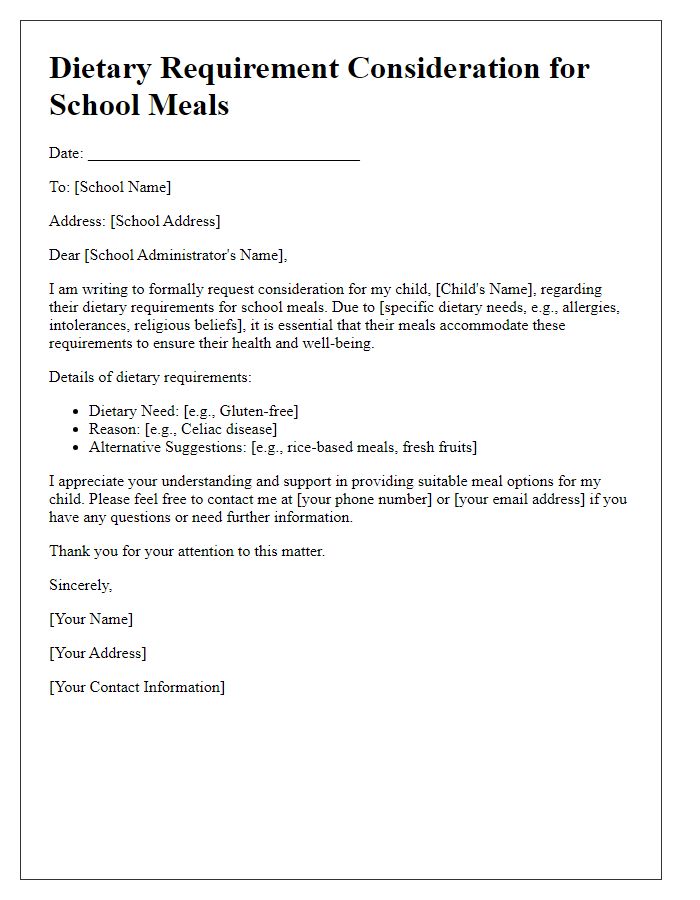 Letter template of dietary requirement consideration for school meals.