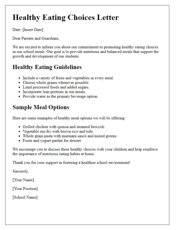 Letter template of healthy eating choices for school meals.