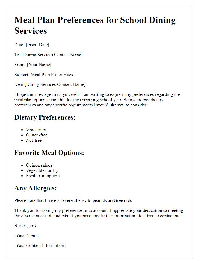 Letter template of meal plan preferences for school dining services.