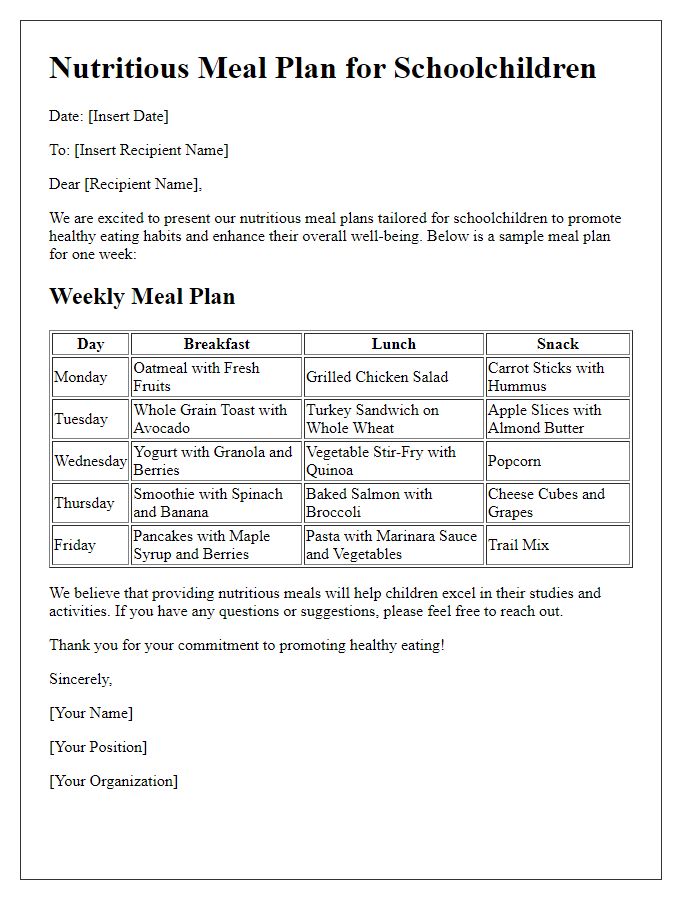 Letter template of nutritious meal plans for schoolchildren.